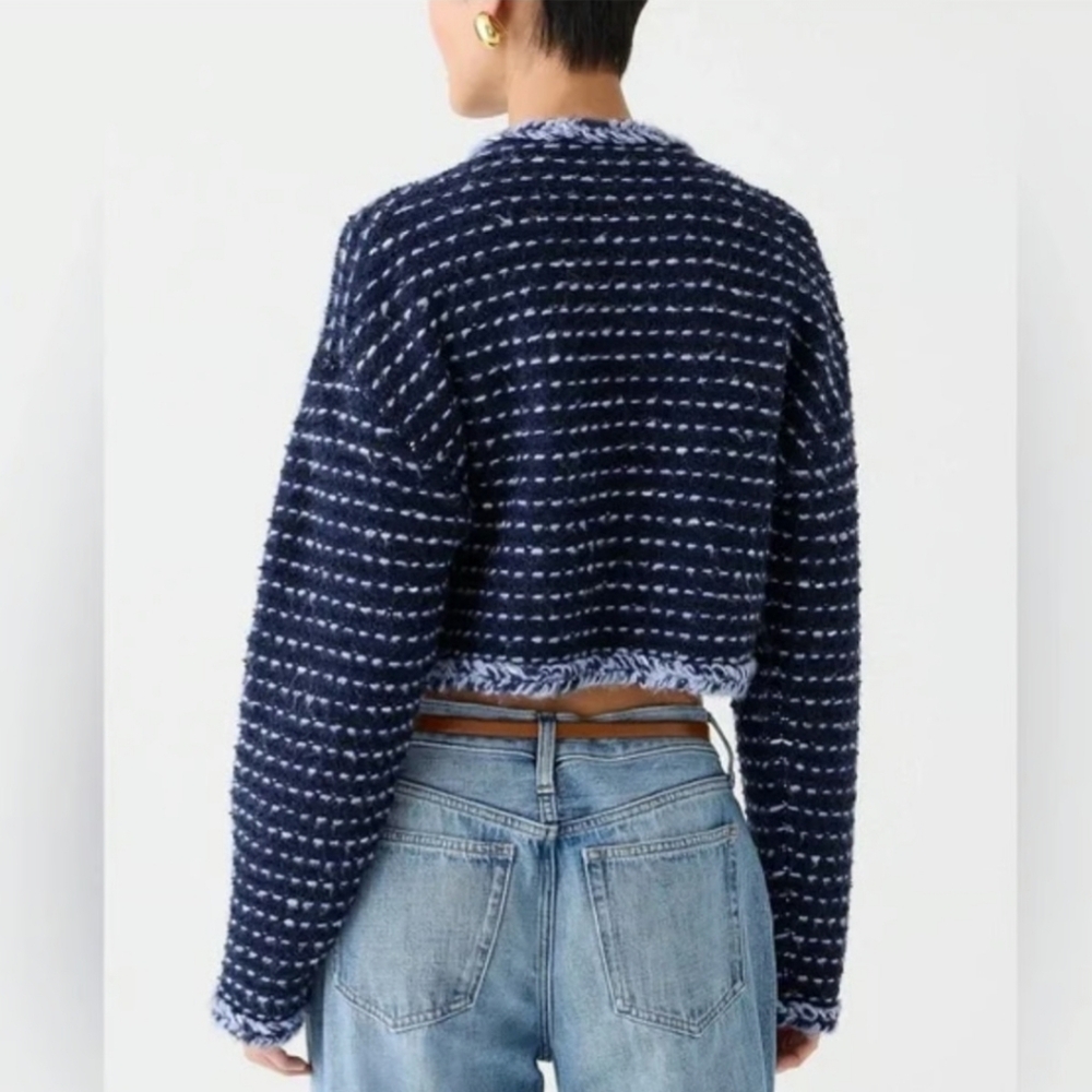 J. Crew Cropped Marled Yarn Navy Blue Merino Wool Alpaca Lady Jacket Blazer - Picture 3 of 13